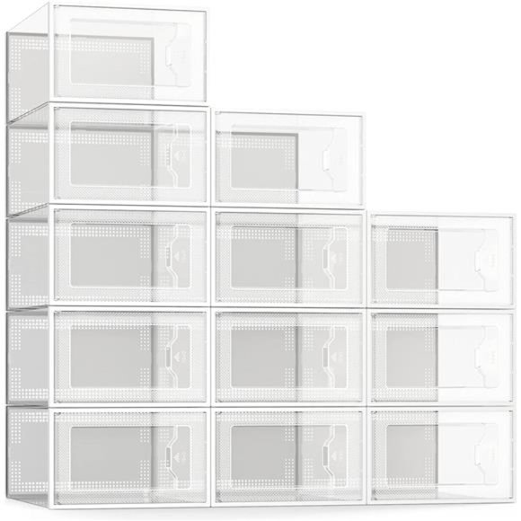 Large 12 Pack Shoe Storage Box Clear Plastic Stackable Shoe Organizer